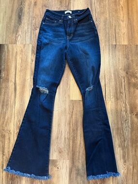 YMI Dark Blue Flare Jeans with Knee Rips